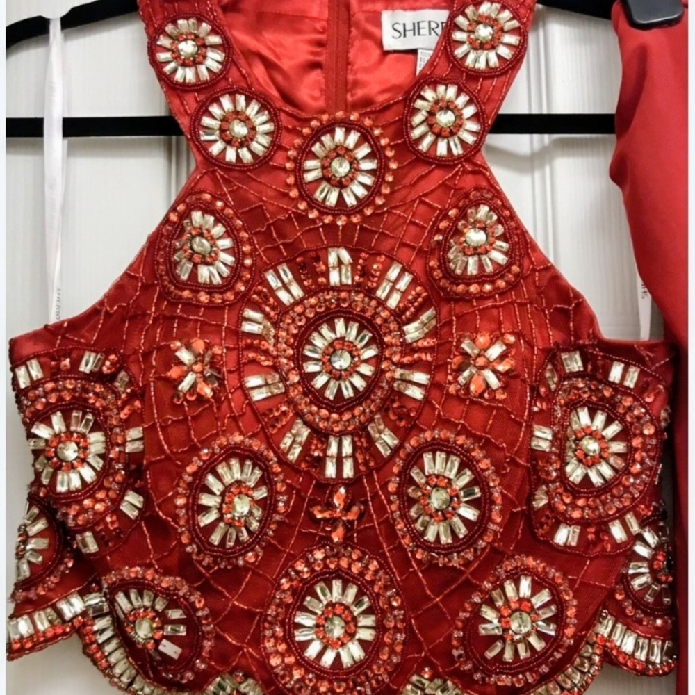 Sherri Hill Red Beaded Embellished Halter Crop Top